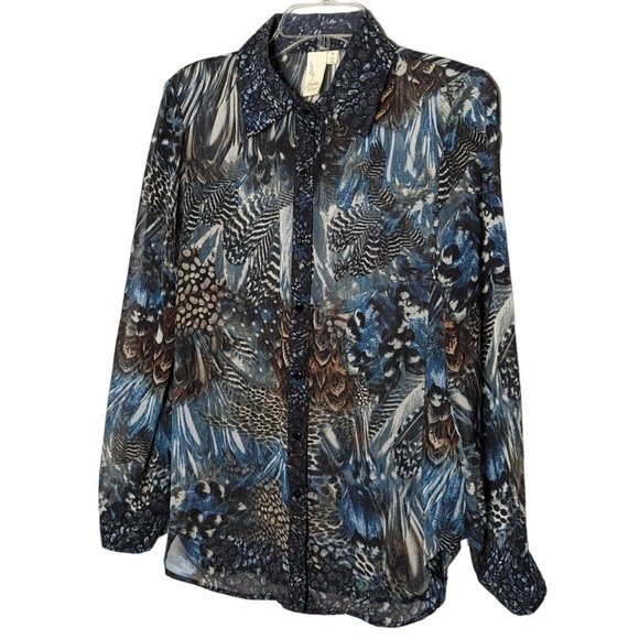 Lavender & Honey sheer long sleeve button up feather animal print blouse size M - Picture 3 of 8